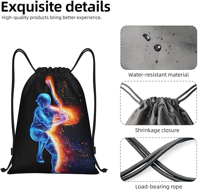 Sports-Themed Drawstring Bags with a Playing Baseball Man Pattern, Kids Drawstring Backpack Casual Knapsack for Boys Girls Adults Women Men, Black Rucksack Bags for Gym Travel Swimming Yoga, Medium
