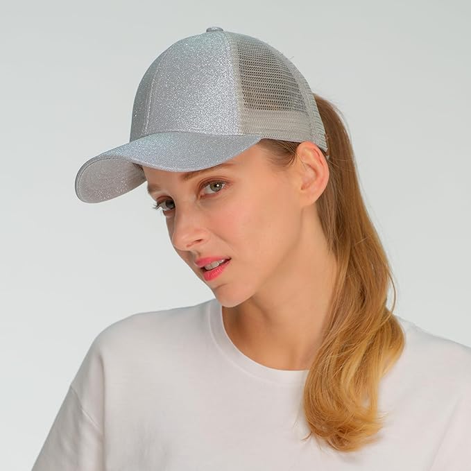 C.C Ponycap Messy High Bun Ponytail Adjustable Glitter Mesh Trucker Baseball Cap
