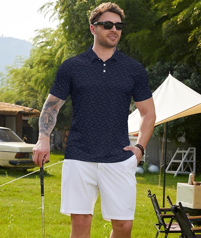 Golf Polo Shirts for Men Funny Print Short Sleeve Golf Shirts Performance Golf Polos