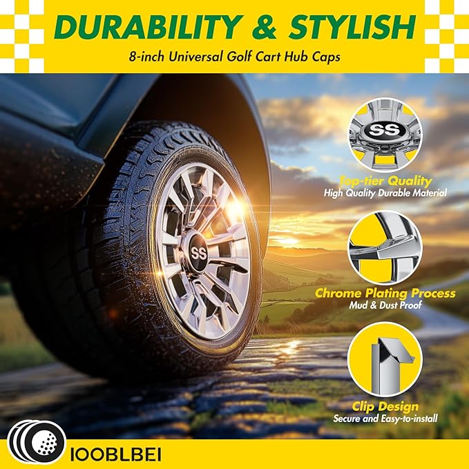 (4-Pack) Premium 8" Golf Cart Hub Caps, Hubcaps & Wheel Rim Covers, 6-Spoke Design for Club Car, EZGO, Yamaha (Excludes RXV Models) - 8 Inch Set, Abs,Steel, Acrylonitrile Butadiene Styrene