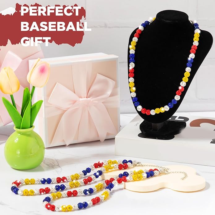 Landical 12 Pcs Bling Baseball Necklace Ice Beaded Baseball Necklace Cool Gifts Bulk for Team Players Lovers Fans