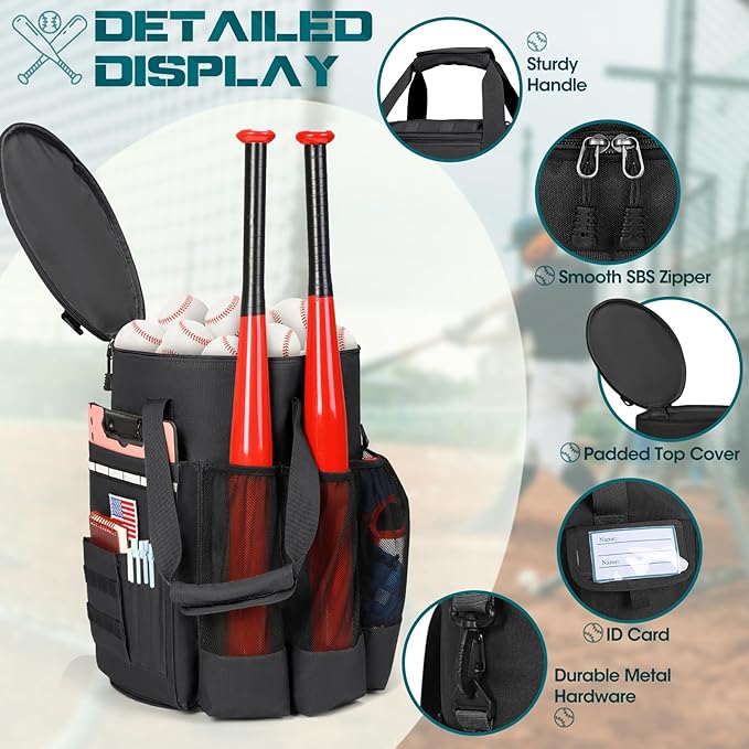RAINSMORE Baseball Bucket Bag Baseball Coaches Accessories Organizer with Insulation Pocket Tactical Softball Bag with Anti-Slip Bottom, Multiple Pockets for Bat, Gloves, Scoreboards