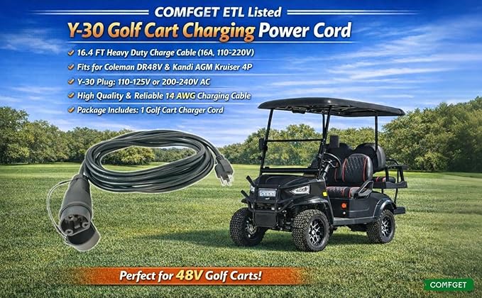 ETL Listed Y-30 Golf Cart Charging Power Cord for Coleman DR48V & Kandi AGM Kruiser 4P EV, 14 AWG Heavy Duty Charge Cable, Black 16.4 ft