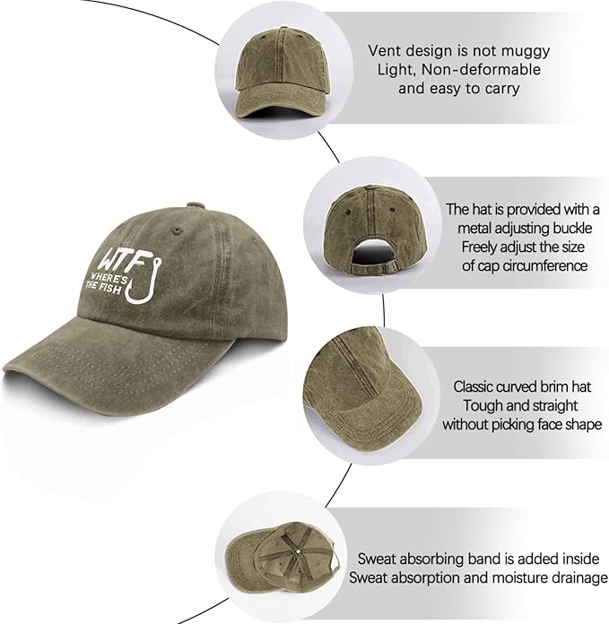 WTF Where's The Fish caps Funny Vintage Cotton Washed Baseball Caps Adjustable Low Profile Dad Hat