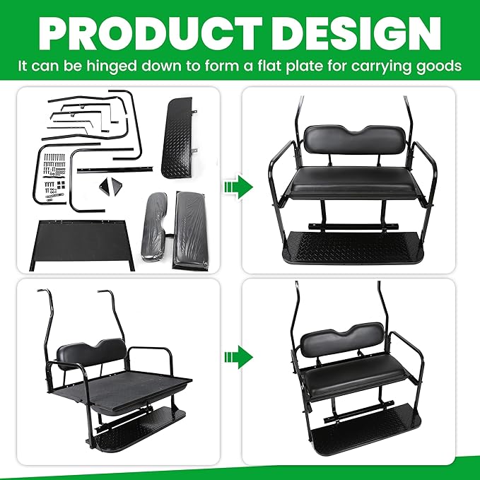 ECOTRIC Golf Cart Folding Rear Seat Kit W/Grab Bar Compatible with 1994.5-Up EZGO TXT Models Back Flip Seat Black