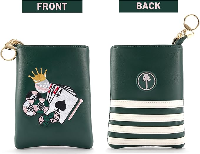 PINKTEE Golf Valuables Pouch Premiun Leather Tee Bag Funny Golf Accessories Organizer with Zipper Master Green for Women Men (CASINO QUEEN, White stripe)
