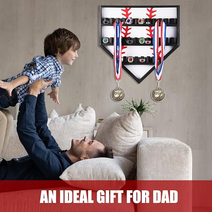 Menkxi Baseball Ring Holder Display Case Wood Softball Ring Holder with 30 Brackets for Championship Medal Stand Wall Mount Baseball Medal Organizer for Trophy Souvenir Collectables Gifts(White)