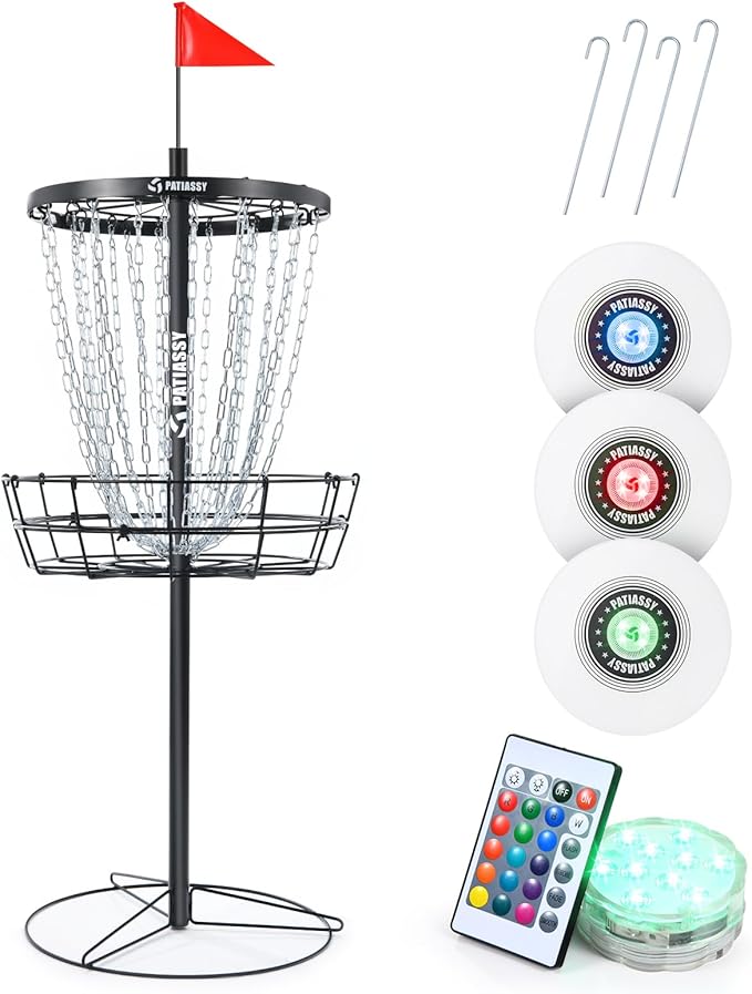 Portable Disc Golf Basket, 24/12 Detachable Chains Disk Golf Target with Sound Reducer for Quiet Practice, Night Practice Set with Remote LED Light, 3 Light Up Discs & 4 Ground Stakes