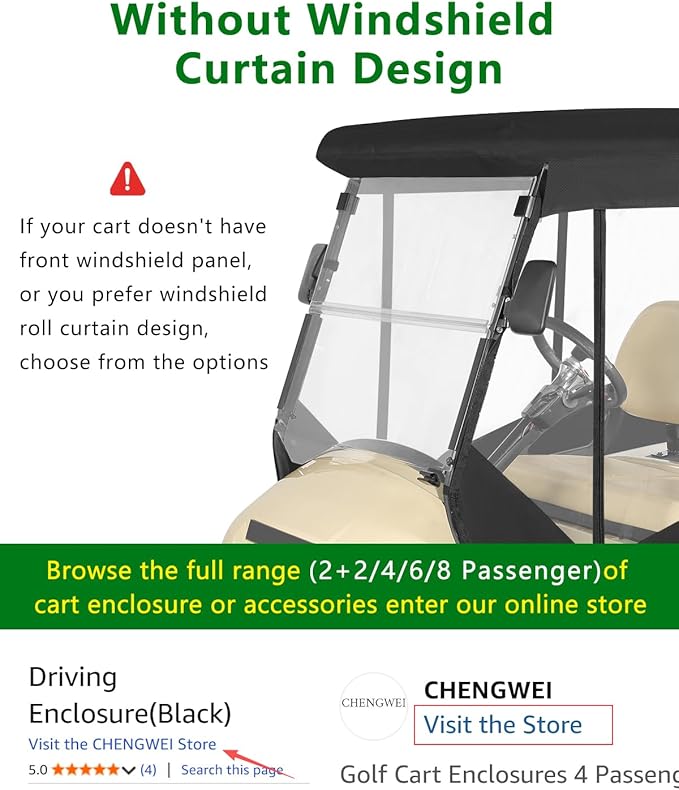2 Passenger Golf Cart Enclosure for Club Car Precedent, 600D Waterproof Rain Driving Cover with 3 Sided Roll-Up Clear Windows & Doors, Heavy Duty Zippers & Side Mirror Openings