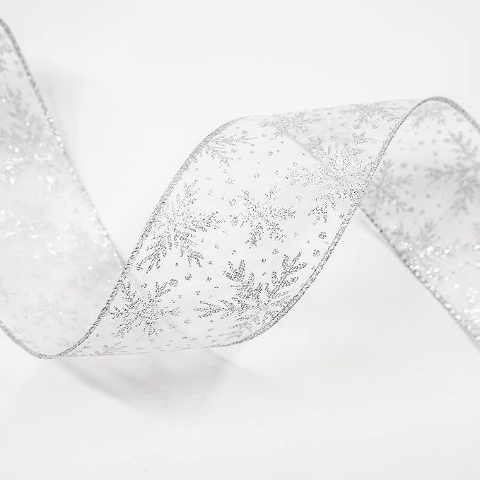 CT CRAFT LLC Organza with Silver Glitter Snowflakes Wired Ribbon 2.5 inch x 50 - Image 4