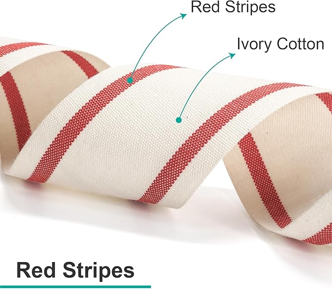 CT CRAFT LLC Ivory Cotton Red Stripes Ribbon 1.5" x 10 Yards - Image 2