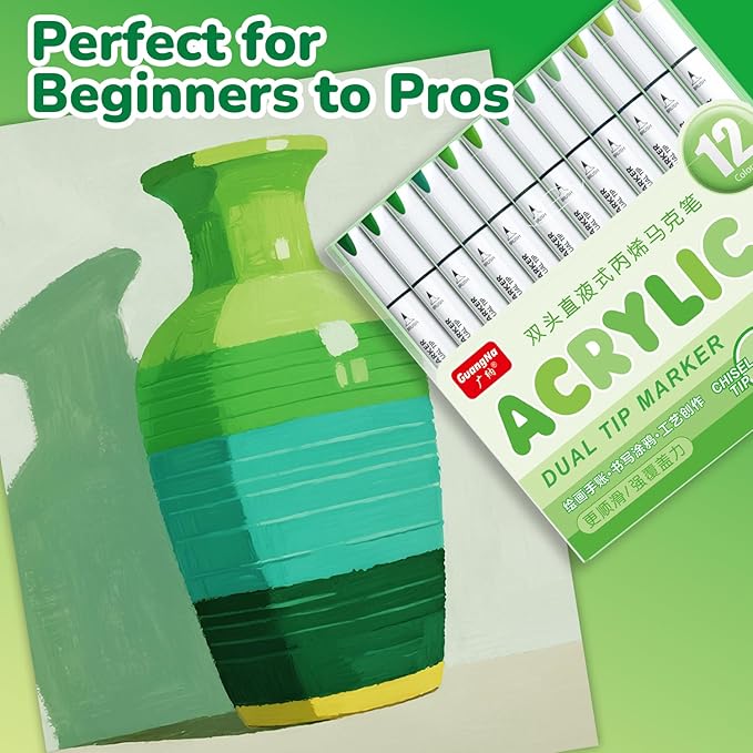 Guangna 12 Green Dual Tip Acrylic Paint Markers, Brush Tip & Chisel Tip Acrylic - Image 7