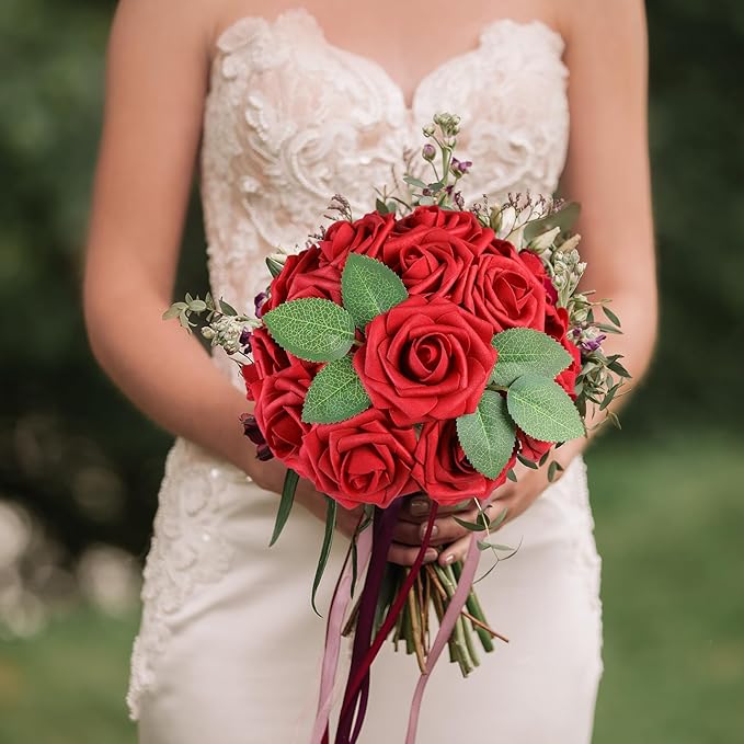 AmyHomie 25pcs Real Looking Artificial Red Roses w/Stem - Image 5