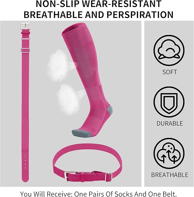 QBK Youth Baseball Socks & Belt Combo Set for Kids 2-16 Years -Softball/Tee Ball Accessories (1 Pair + 1 Belt, Unisex)