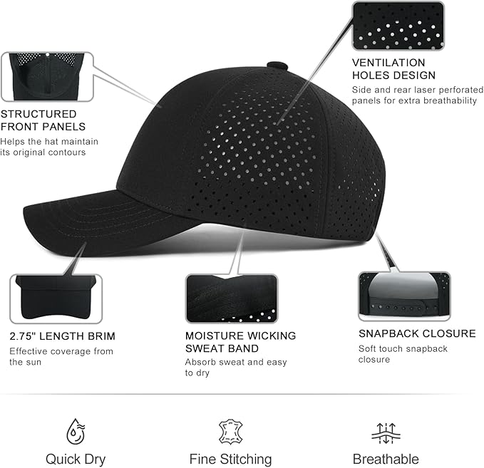 VOBOOM Men Quick Dry Baseball Cap Laser Cut Mesh Ball Curved Brim Snapback Hat