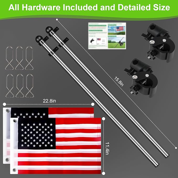 Golf Cart Adjustable Flag Holder, Universal Flagpole for EZGO Club Car Yamaha, Flag Bracket for 0.59-1.18" Round/Oval Square Rails Push Cart, UTV, ATV, Included USA Flags (12"×18")