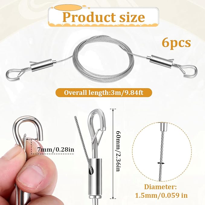 6PCS Heavy Duty Picture Hanging Wire 9.8ft X 1.5mm Mirror Frame Hanging Kit - Image 3