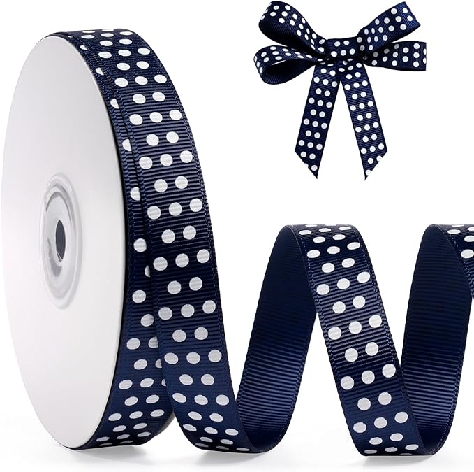 Polka Dot Grosgrain Ribbon 5/8 Inch, 25 Yards Spool Navy Blue and White Dot by FAKILO
