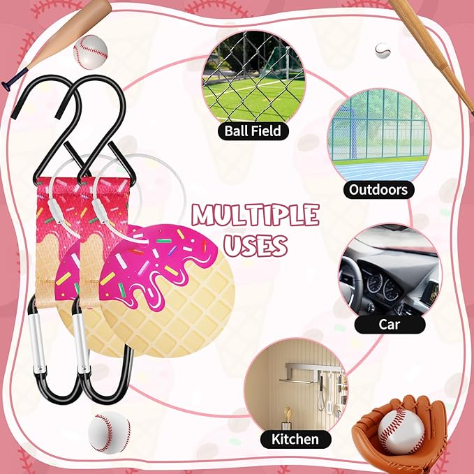 Eyourlife Dugout Organizer Fence Hook Baseball Softball Gift for Bag Backpack Glove Helmet Drinking Bottle Hanging with Name Luggage Tags Charm Team Gift for Coach Mom 2set pink ice cream drip 1 hook