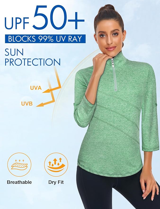 Koscacy Women's 3/4 Roll Sleeve Golf Tennis Polo Shirts UPF50+ Half Zip Dry Fit Workout Tops Athletic Shirt