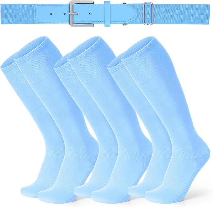 XZQTIVE 3 Pairs of Baseball Softball Socks and 1 Baseball Softball Belt Combo Set Knee-High Soccer Socks for Kids Youth Adult