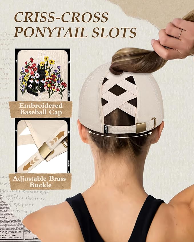 Flafens Women Pony Hats High Ponytail Baseball Caps - Cotton Vintage Washed Distressed Adjustable Criss Cross Trucker Hat
