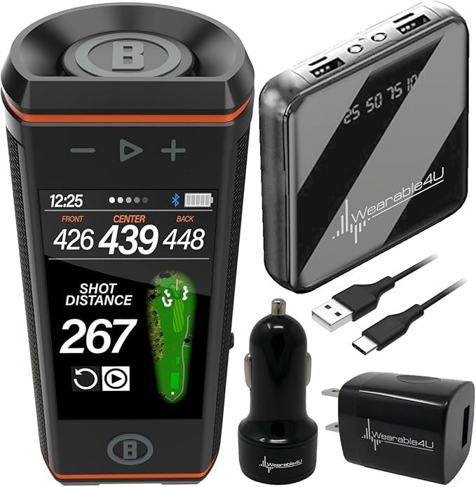Bushnell Wingman HD View Golf Speaker, 3.5" Touchscreen, GPS Distances, Premium 360° Audio, Waterproof Design, Magnetic Cart Mount with Wearable4U PowerBank & Car/Wall Chargers Bundle