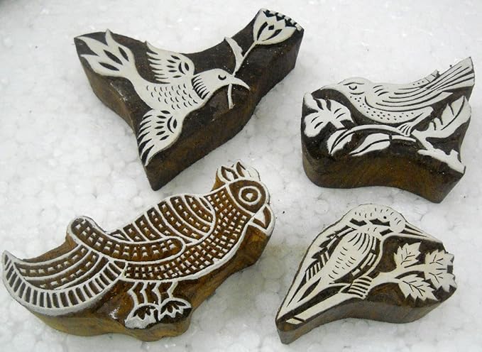 Craftsofindia® Set of 4 Birds Shaped Premium Hand-Carved Wooden Block Stamps by CraftsofIndia