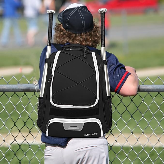 LARIPOP Youth Baseball Bag, Bat Backpack with Fence Hook & Separate Shoe Compartment, Waterproof Equipment Bag for Baseball, T-Ball & Softball