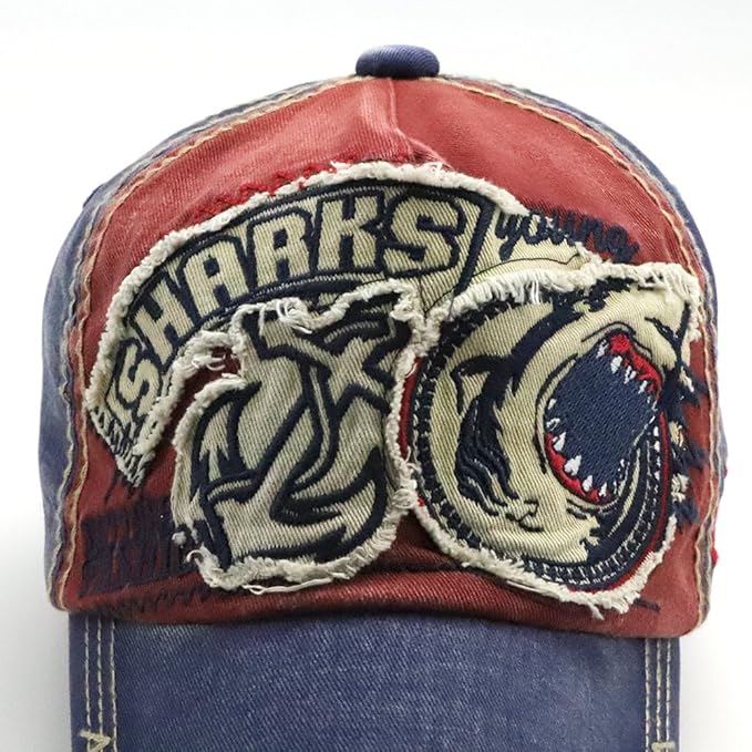 Elwow Men's Oilcloth Front Decor Washed Distressed Embroidery Baseball Cap Driver Trucker Hat with Eagle & Shark Patch