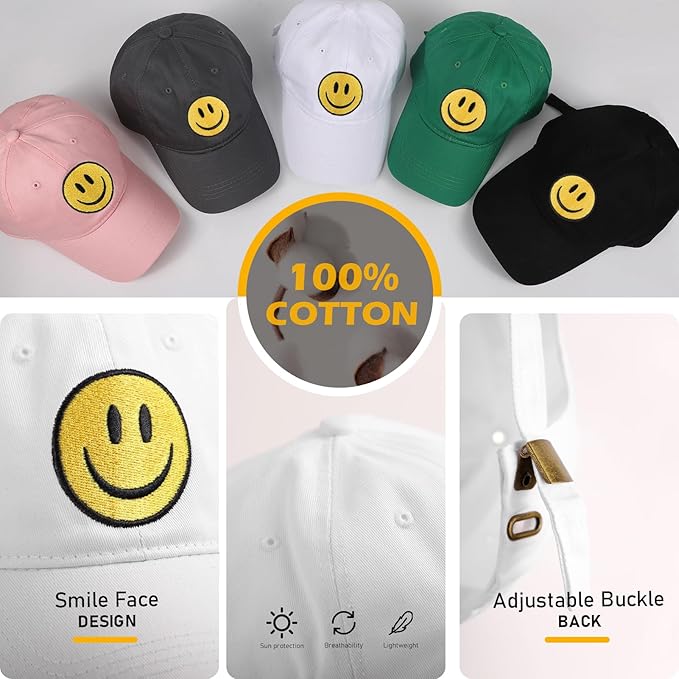 Smile Face Baseball Cap for Women Men Cute Baseball Caps Unstructured Cotton Dad Hat