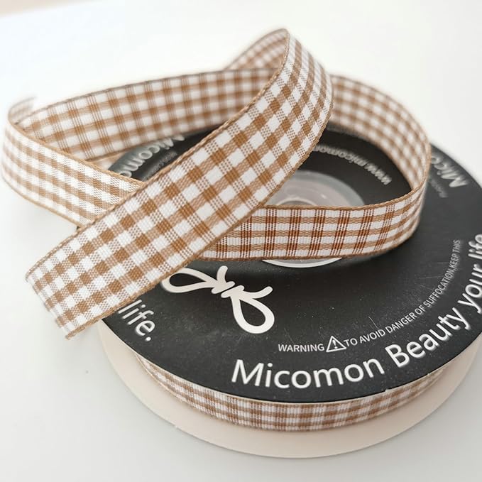 Micomon Khaki and White Woven Edge Plaid Ribbon 100% Polyester Gingham Ribbon - Image 7
