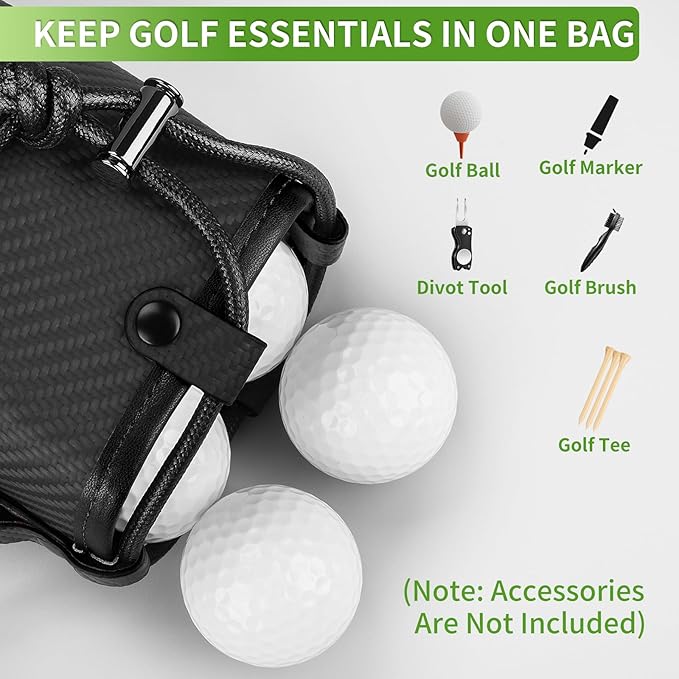 T-carbon Travel Gear Professional Valuables Golf Pouch;Bucket Waist Design Bag with Drawstrings;Carbon Fiber and Leather Golf Tee Bag for Glofers Men Women Very Practical Black