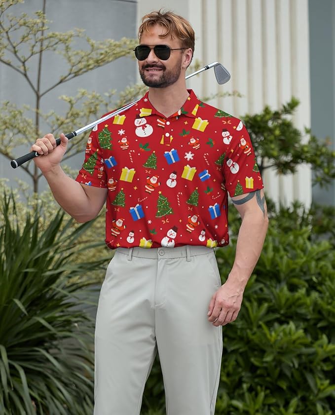 HUURAY Funny Golf Polos for Men Funny Print Short Sleeve Shirts Quick Dry Polo Shirts Hawaiian Shirt Performance Golf Outfits