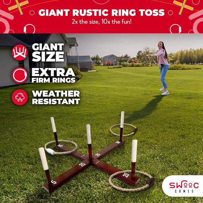 SWOOC Games - Rustic Ring Toss Game - Easy Setup & Extra Games Included - Ring - Image 2