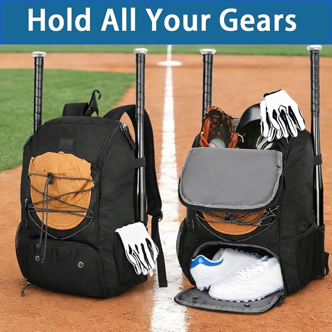 MATEIN Baseball Backpack, Softball Bat Bag with Shoes Compartment for Youth, Boys and Adult, Lightweight Baseball Bag with Fence Hook Hold TBall Bat, Batting Mitten, Helmet, Caps, Teeball Gear