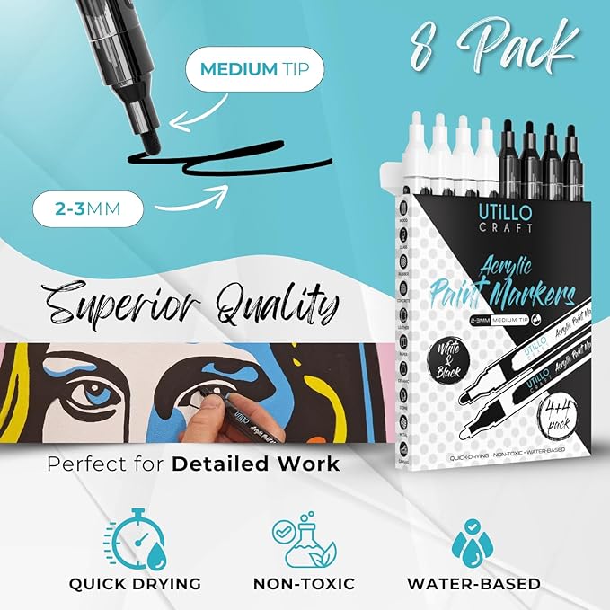 Utillo Craft White+Black Paint Pen Medium Tip Made in Japan | Bold Color+100% - Image 4