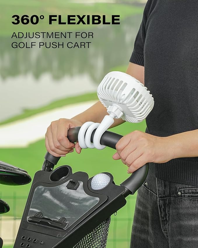 A2C Golf Cart Fan Rechargeable – 3-Speed, 360° Adjustable Gooseneck | 4000mAh Battery | Compatible with Golf Carts & Push/Pull Carts(WHITE VERSION)