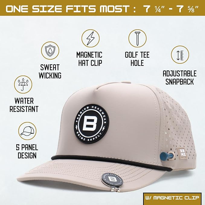 BRIMZ Golf Performance Hat - Tee Holder & Magnetic Ball Marker - Breathable, Sweat & Water Resistant Golfing Snapback Hat