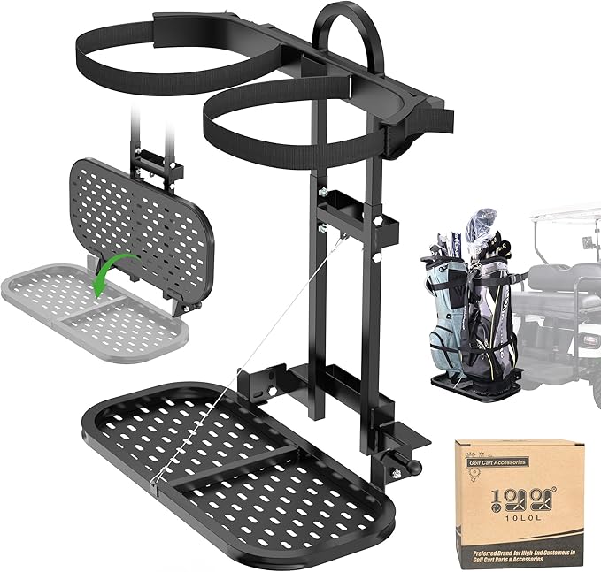 10L0L Universal Foldable Golf Cart Rear Seat Bag Holder, No-Drill Installation Rear Bag Rack for EZGO Club Car Yamaha Golf Carts, Fits Safety Grip Bar up to 8" Wide