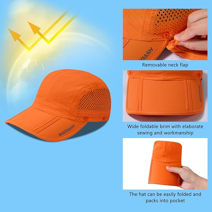 BASSDASH UPF 50+ Foldable Fishing Hat Baseball Cap with Removable Neck Flap Portable for Men Women Golf Hiking