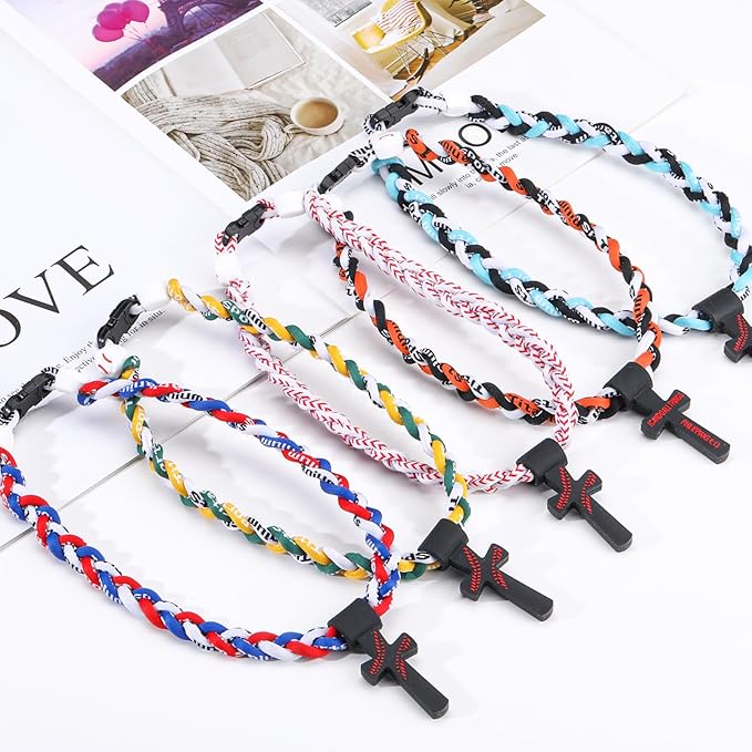 Baseball Necklace with Cross Pendant Fashion Three Braided Rope Tornado Design for Sports Fan Baseball Theme Party Gift Idea, 18 Inch
