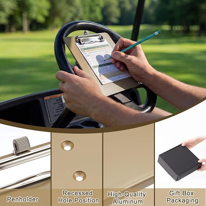 Premium Aluminum Golf Cart Steering Wheel Scorecard Holder with Pencil Holder– Heavy Duty Steering Wheel Mount Compatible with EZGO and Club Car(Not Included Pen)