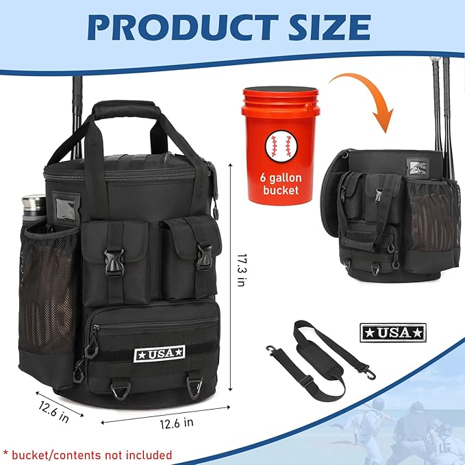 Baseball Bucket Bag - Baseball Coaching Accessories Organizer, Softball Bucket Bag with Insulation Pocket, Anti-Slip Bottom for Bat, Gloves, Scoreboards