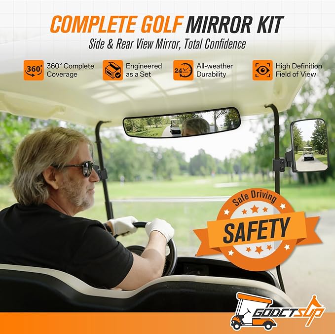 Golf Cart Mirrors, Universal Panoramic Golf Cart Rear View Mirror & No Drilling Golf Carts Side Mirrors Kit for Club Car EZGO YAMAHA and Others Carts, Durable Anti-Shudder, Safety Upgrade