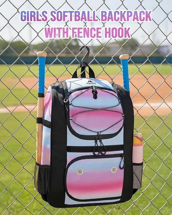 MATEIN Softball Bag, Lightweight Baseball Backpack with Shoe Compartment, Baseball Bag with Fence Hook for TBall Bat & Equipment, Softball Gifts Catchers Backpack for Women Fit Catcher’s Mitt, Helmet