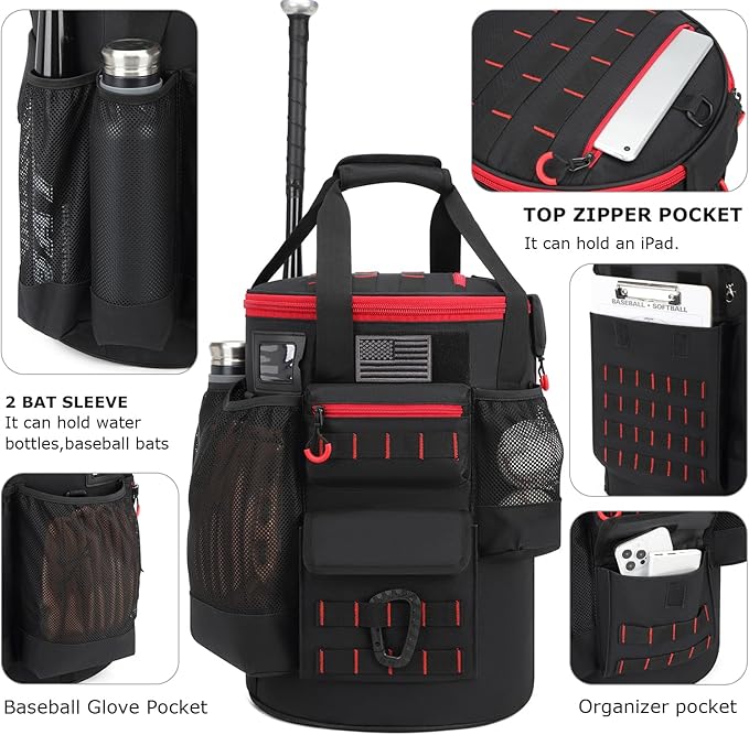 Baseball Bucket Bag Baseball Coaching Accessories Organizer Tactical Style Softball Bucket Bag with Anti-Slip Bottom, Multiple Pockets for Bat, Gloves, Scoreboards