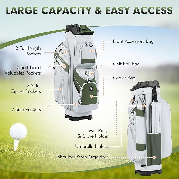 Tangkula Golf Cart Bag with 14-Way Full Length Dividers, 6 Molded Lock Top Golf Club Bag with 11 Pockets, Cooler Bag, Padded Strap, Handles, Umbrella Holder & Rain Hood