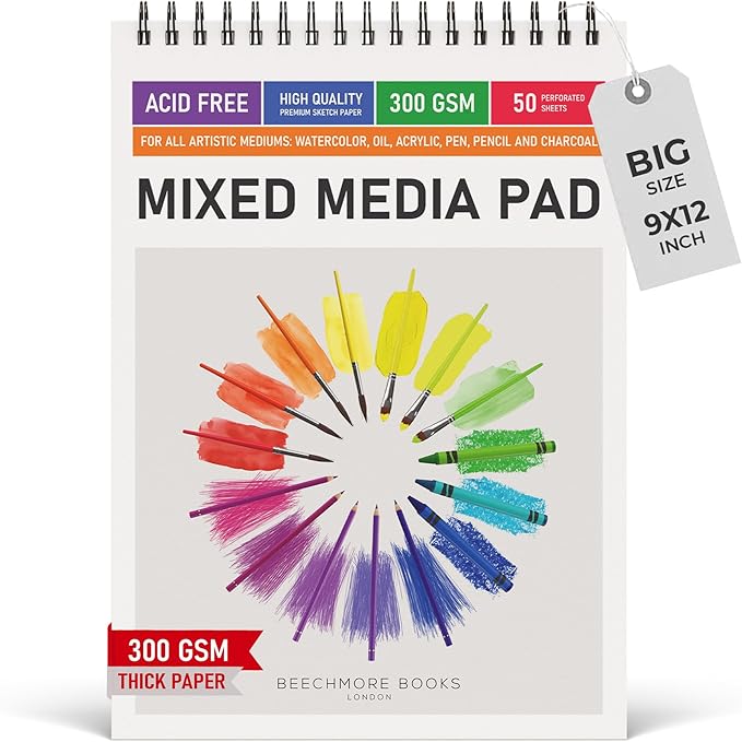 BEECHMORE BOOKS Mixed Media Spiral Sketchbook A4 9×12 – 300 GSM Heavyweight by BeechmoreBooks
