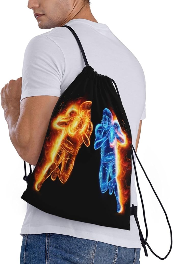 Football Drawstring Bags for Kids Teens Boys, Cool Sports Drawstring Backpack with Printed Two Playing Football Men Pattern, Black Casual Knapsack for Adults for Gym Hiking Swimming Beach Yoga, Medium